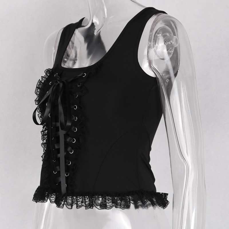 Brroa Áo Croptop Sát Nách Cổ Vuông Viền Ren Phối Dây Kéo Sau Lưng Phong Cách Gothic Quyến Rũ Cho Nữ