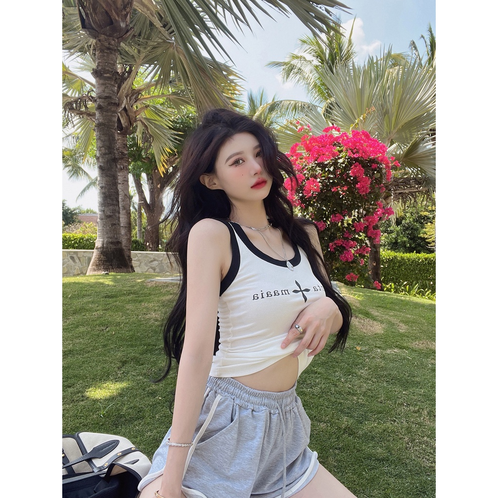 Porozi Áo croptop  hai dây in chữ thời trang Hàn Quốc cho nữ