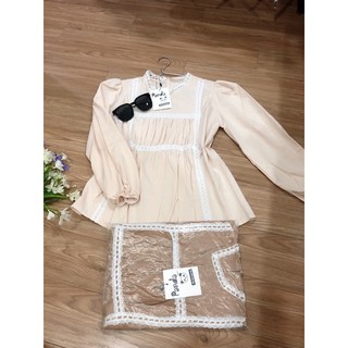 Áo sơ mi peplum cổ tròn xếp ly
