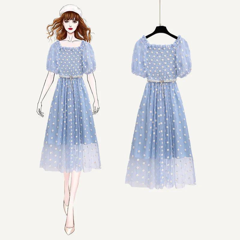 2022 new summer fashion dress women's middle and long cut waist thin white blue mesh bubble sleeve skirt
