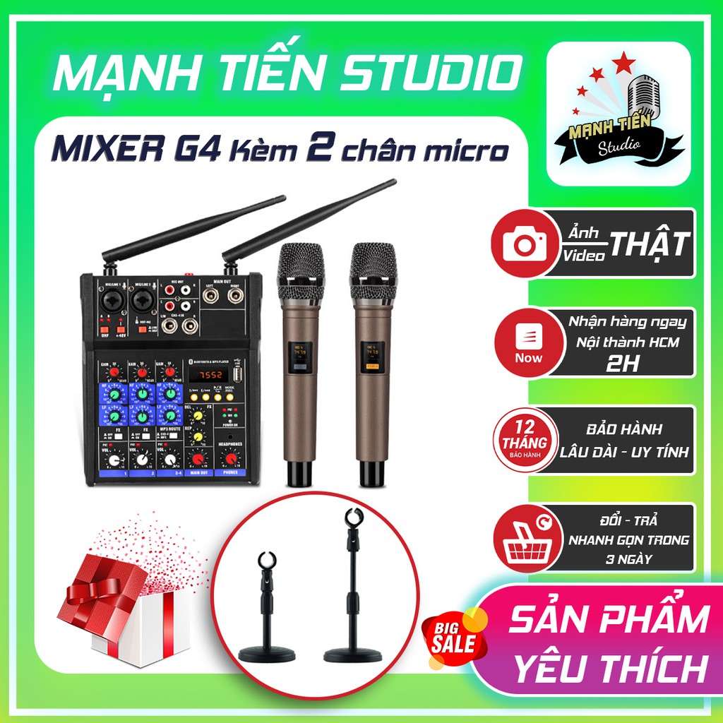 [TẶNG KÈM] Bộ Mixer G4 cao cấp tặng kèm 2 kẹp micro mini để bàn chuyên hát karaoke gia đình hỗ trợ mọi loa kéo, otô