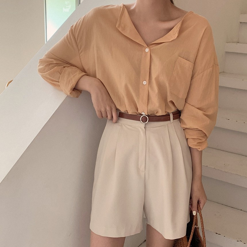 Áo Sơ Mi Cổ V Tay Phồng Màu Cam 35528