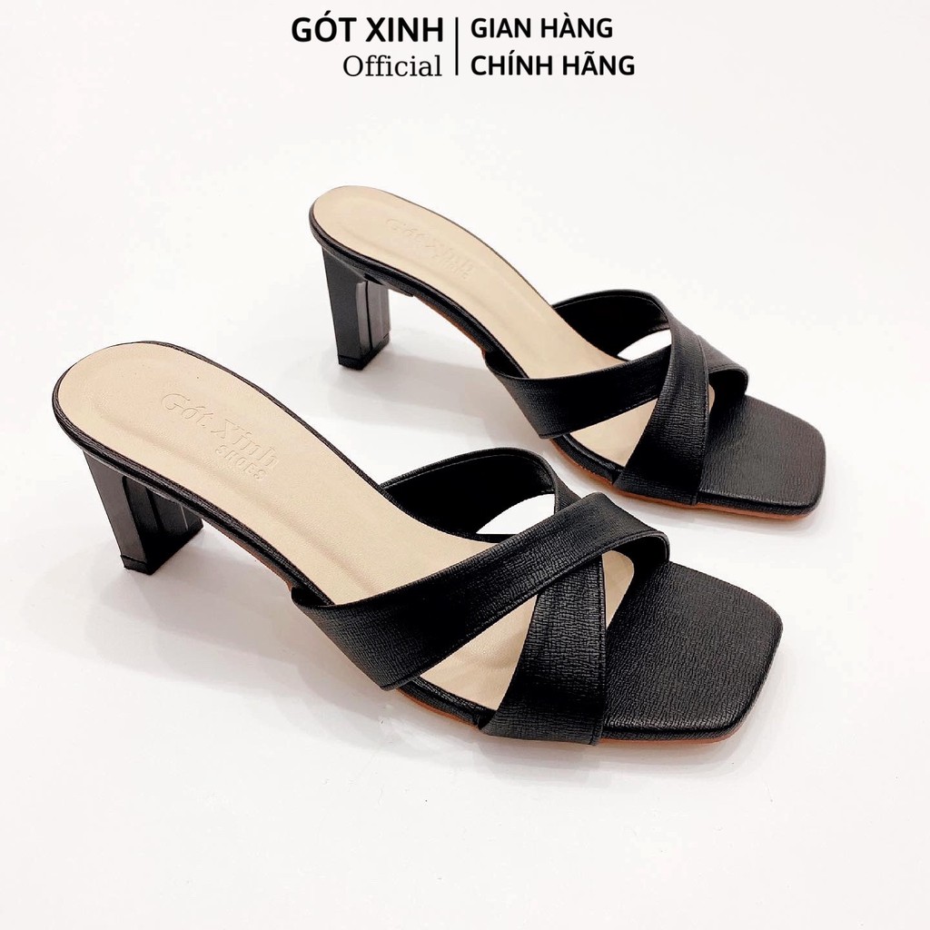 Dép cao gót nữ GÓT XINH D28 quai ngang da lì đế cao 4cm quai chéo