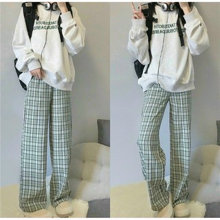 Sét áo nỉ hoodie nữ xám trắng quần kẻ xanh thu đông kiểu dáng hàn quốc