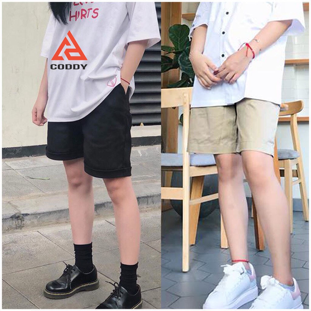Quần short kaki nam nữ basic unisex, quần đùi nữ thun kaki co dãn màu đen và be trơn ống rộng ulzzang CODDY - QS11