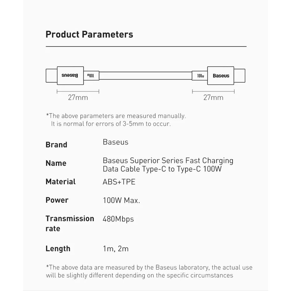 Cáp sạc Type c to Type c Baseus superior series dòng 5A sạc PD 100W dùng sạc cho Samsung/Macbook/iPad