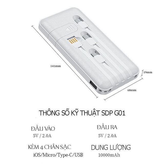 Sạc Pin Dự Phòng Đa Năng G01 10.000 mAh  Tích Hợp 4 Cáp Sạc siêu tiện lợi - Bảo hành 12 tháng chính hãng SD Design