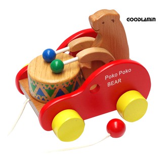 Wooden Bear Beating Drum Pull Along Car Bead Rope Education Toy