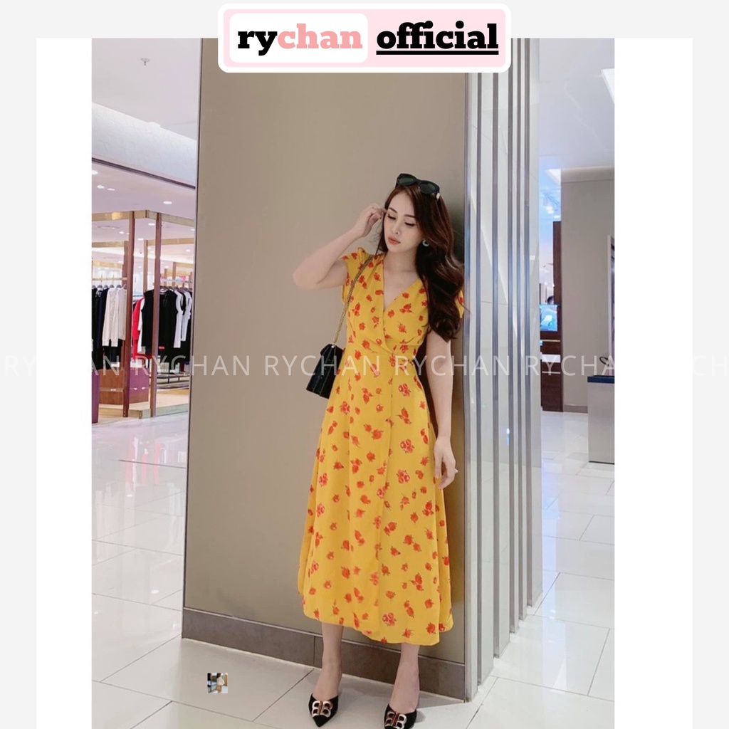 Đầm Đi Biển Maxi Vàng Đắp Chéo Hoa Đỏ Xẻ Tà - DM729