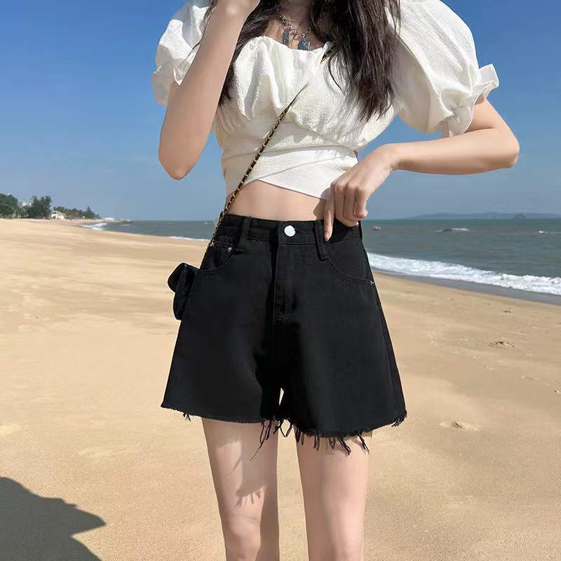 Quần Short Denim Lưng Cao Ống Rộng Phong Cách Hàn Quốc Thời Trang Mùa Hè Cho Nữ