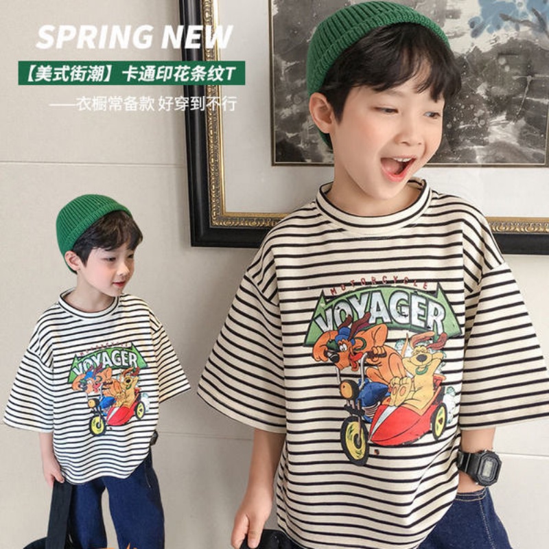 Áo Thun Tay Ngắn Cổ Tròn Họa Tiết Hoạt Hình Kẻ Sọc Thời Trang Mùa Hè 2022 Cho Bé Trai