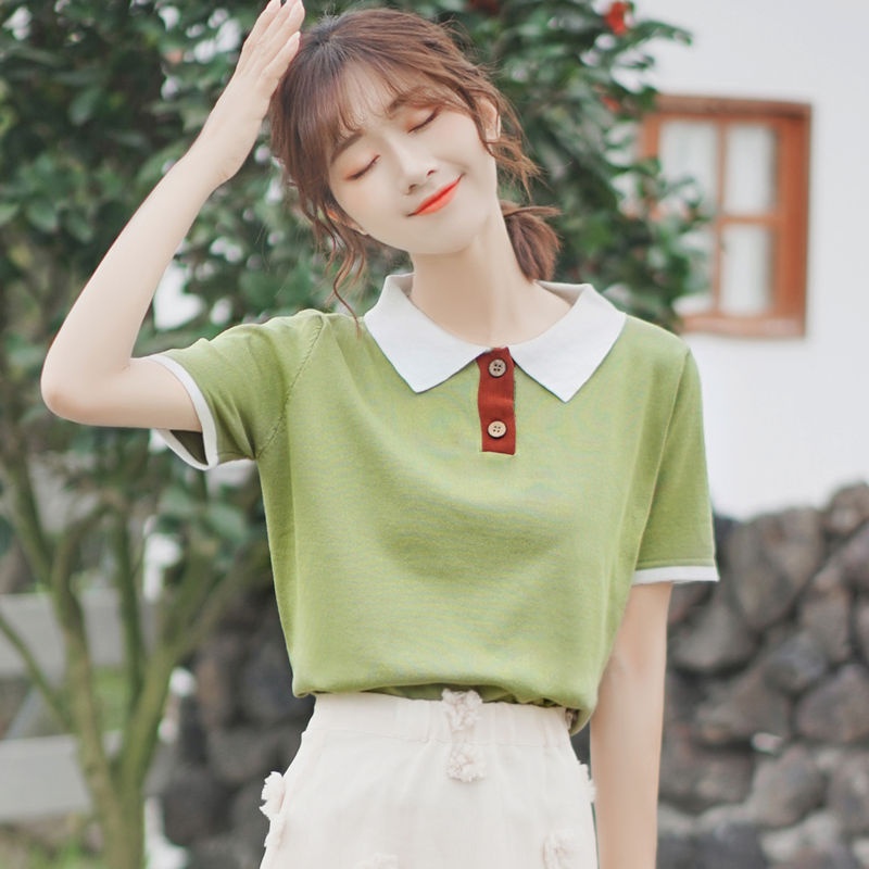 Áo sơ mi dệt kim tay ngắn thiết kế cổ bẻ thanh lịch
