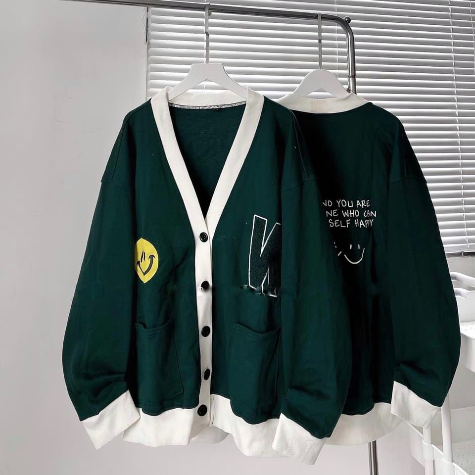 Áo Khoác Cardigan W Mặt Cười Ulzzang 2 Màu Xanh Be