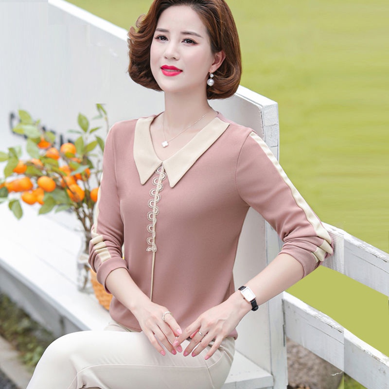 Phụ nữ mùa xuân và mùa thu của mẹ áo phụ nữ 2021 áo thun mới 40 đến 50 tuổi 60 áo sơ mi phụ nữ trung niên