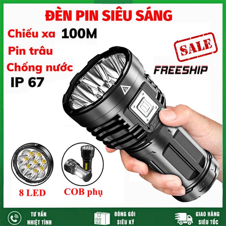 Đèn Pin Cầm Tay Mini Siêu Sáng Chiếu Xa 500m, 4 Chế Độ Sáng, Chống Thấm Nước, 8 Bóng Led Có COB Đèn Phụ