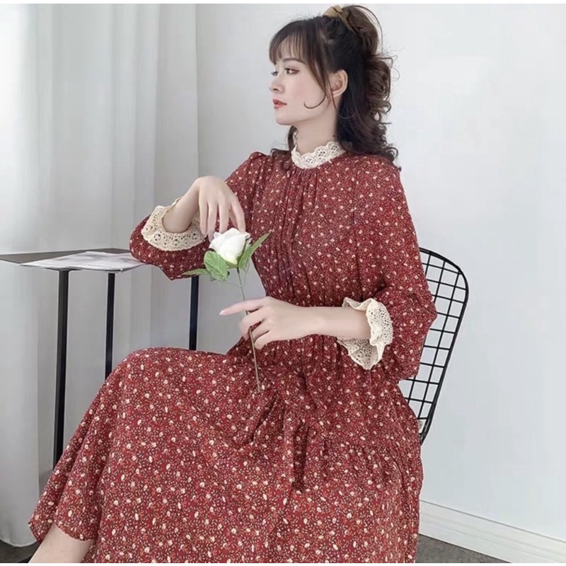 Đầm Bầu Váy Bầu Thu Đông Dài Tay Hoa Nhí Freesize (43-75kg) Chất Voan Dáng Suông Cổ Ren Kèm Đai Thắt A078 Lin Store66