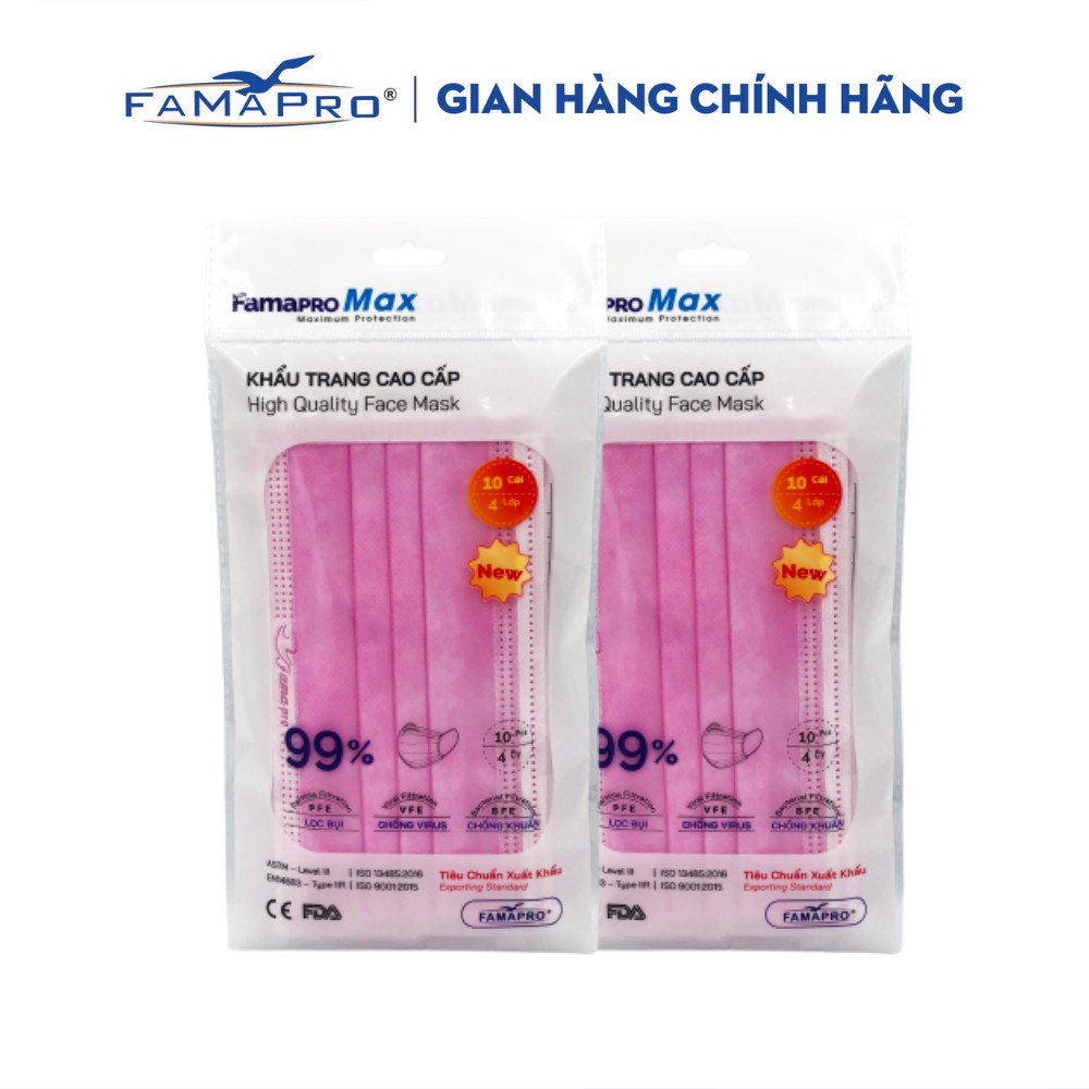 [TÚI-10 CÁI-MÀU HỒNG] COMBO 2 TÚI Khẩu trang y tế cao cấp kháng khuẩn 4 lớp Famapro Max