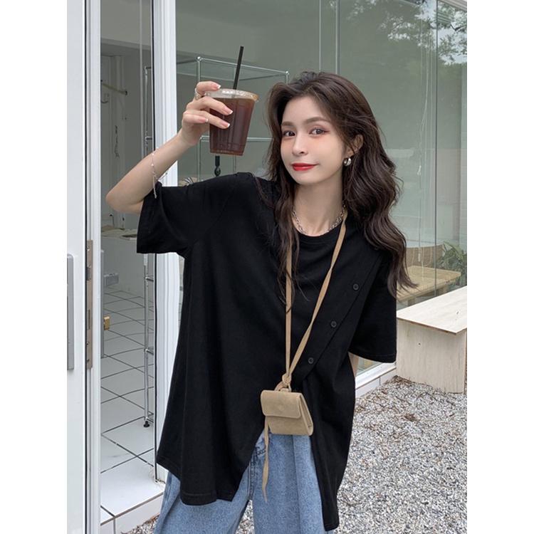 Áo thun cotton form rộng tay ngắn thiết kế xẻ tà phong cách thời trang Harajuku mùa hè cho nữ