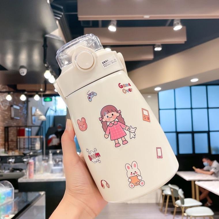 Bình nước giữ nhiệt cute có sticker và ống hút kiểu dáng dễ thương - Dung tích 800-1000ml cho bé, inox 304 xịn