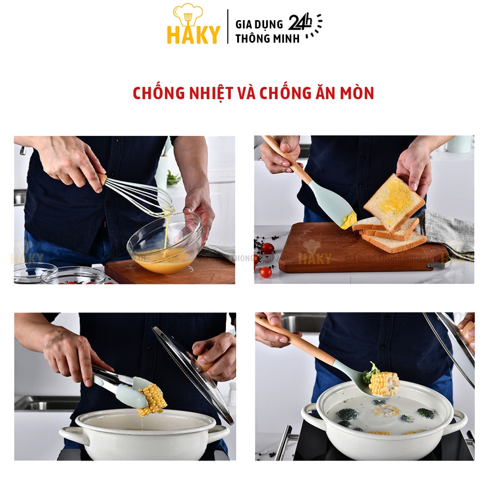 Bộ dụng cụ nấu ăn, làm bánh 11 món silicon y tế an toàn HAKY001, chịu nhiệt tốt, độ bền cao, chuôi gỗ chắc chắn