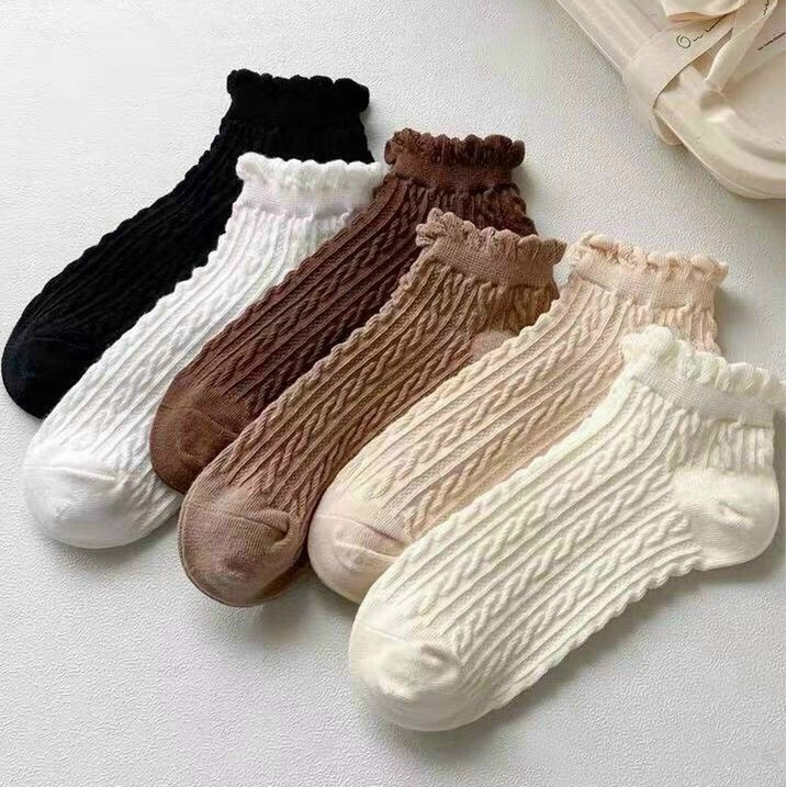 Tất vớ ren cổ bèo ngắn chất liệu len vặn thừng màu trơn