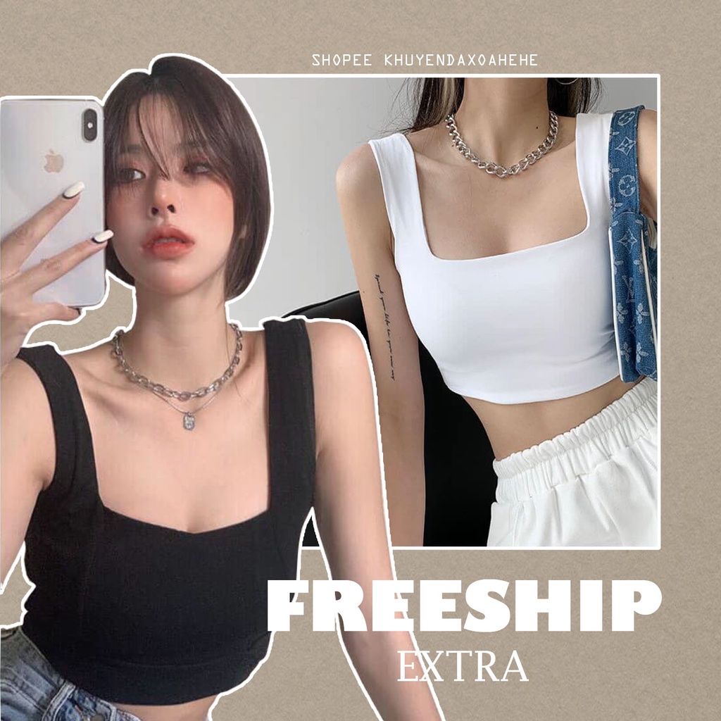 Áo 2 dây bản to croptop dáng ôm body sexy Ulzzang trẻ trung cổ vuông crt hai dây đen trắng sát nách trẻ trung Hàn Quốc