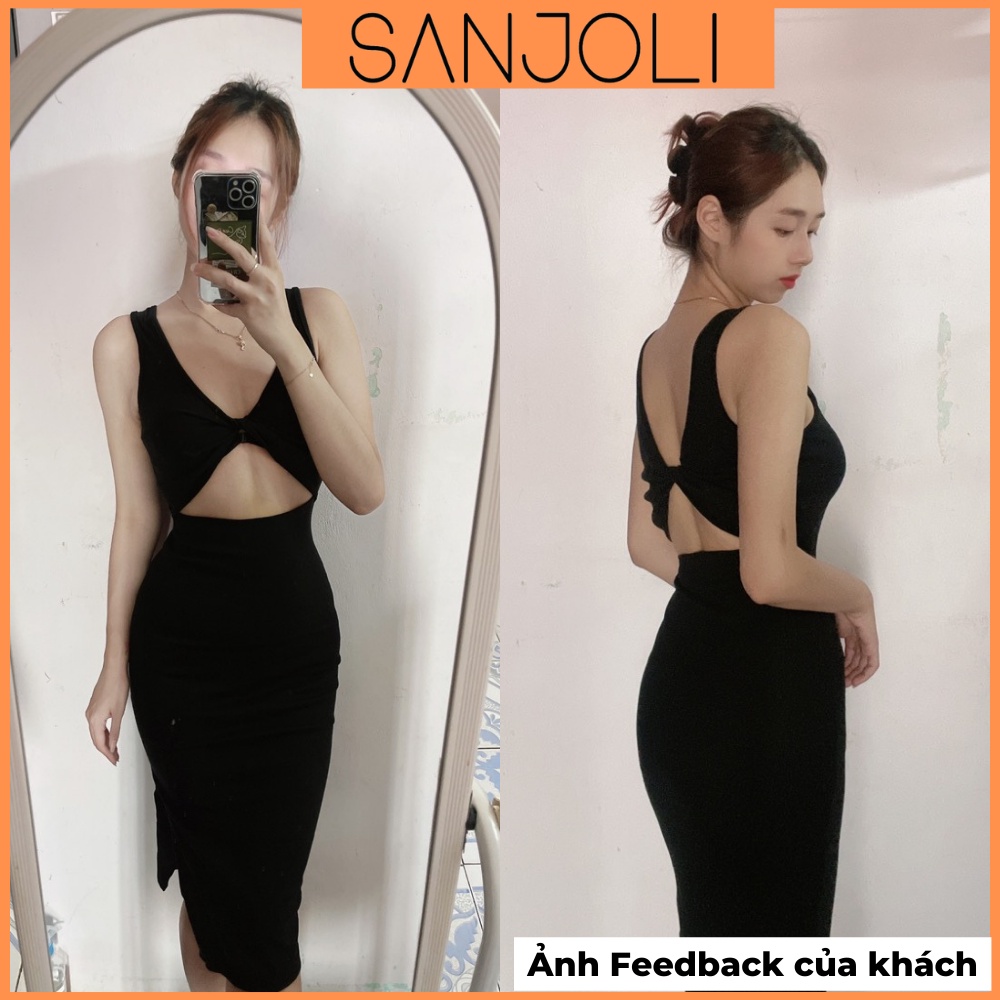 Váy Len Body Maxi SANJOLI Đầm Dự Tiệc Nữ Ôm Sexy Hở Lưng Dáng Dài Thiết Kế Xẻ Tà Xoắn Nơ Đi Chơi Màu Đen VD068