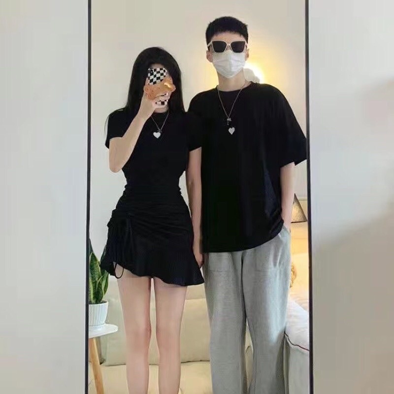 Váy thun đôi nam nữ cổ tròn rút thun eo dễ thương