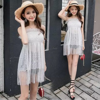 đầm ren kiểu sáng suông gấu váy tua rua,cổ cúp ngực,ngực cải bèo quyến rũ