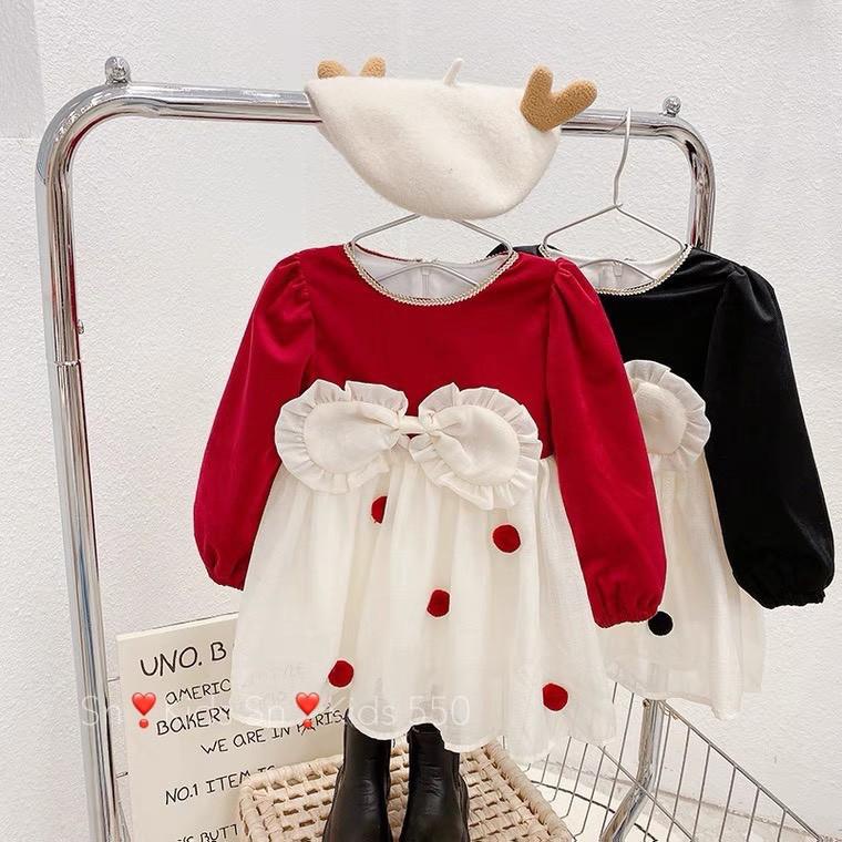 Váy nhung phối voan chấm bi dáng babydoll thắt nơ xinh xắn cho bé gái 7- 18kg