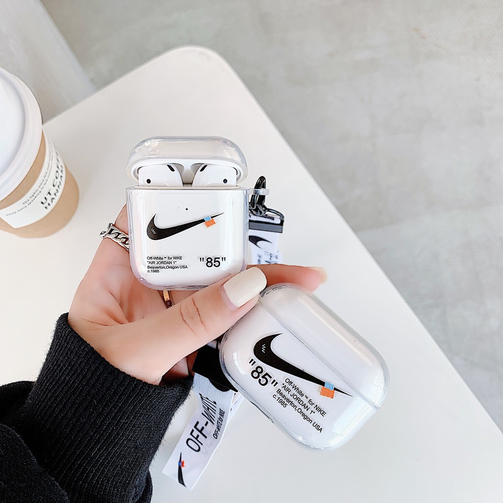 Vỏ bọc hộp đựng tai nghe Airpods 1/2 mềm mại trong suốt in họa tiết “Nike x Off-White” có dây đeo