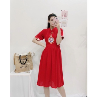 Đầm gấm cổ tàu chất lụa chơi lễ noel tết