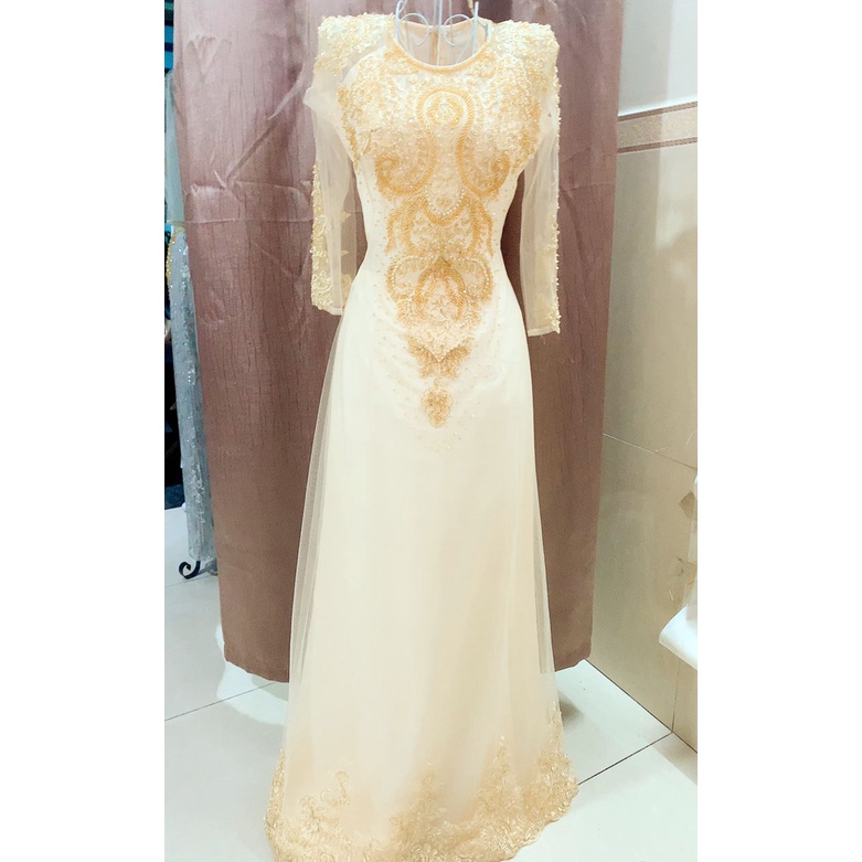 ÁO DÀI DỰ TIỆC 6 TÀ MÀU KEM DA - ẢNH THẬT