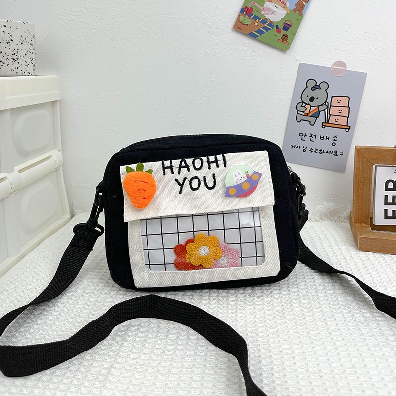 Túi Đeo Chéo Canvas Dáng Vuông Nhỏ Màu Tương Phản Thời Trang Cho Nữ