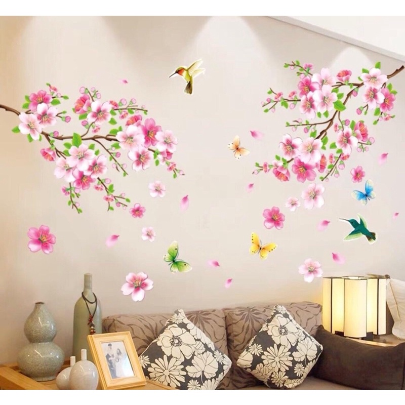 Tranh dán tường, Decal dán tường hoa đào xinh xắn, chất liệu cao cấp chống thấm nước.