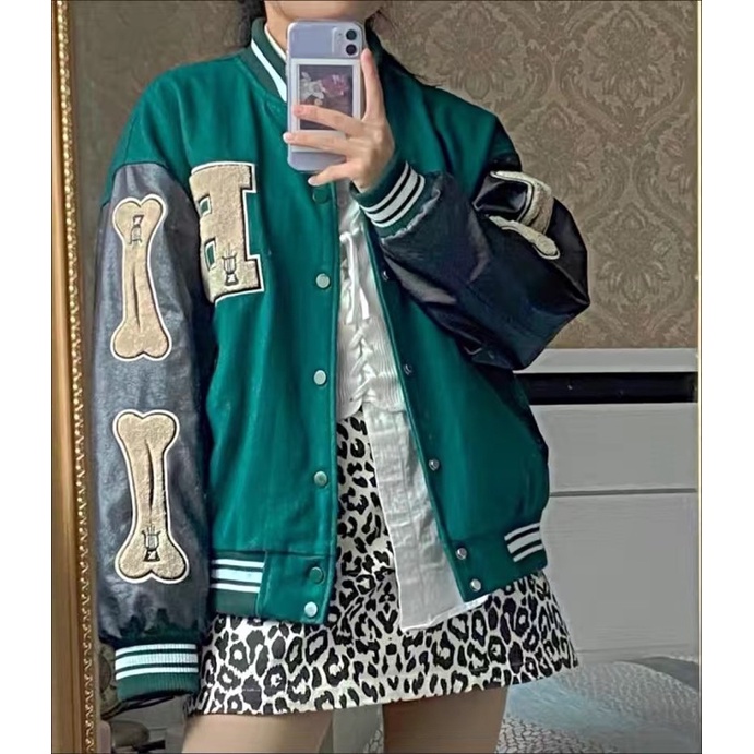 Áo khoác bomber varsity jacket nam nữ thêu chữ B tay da hình cục xương mới