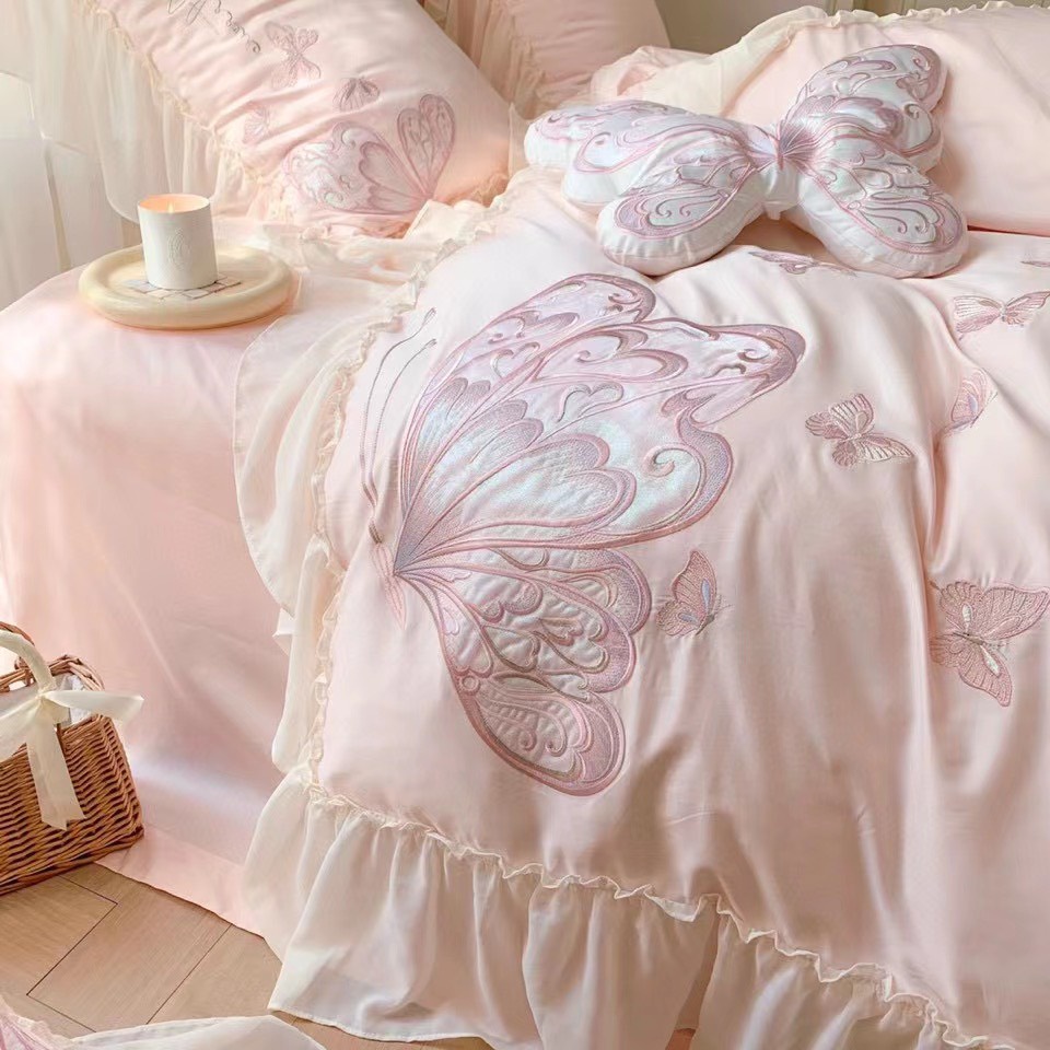 Bộ 4 Món Chăn Ga Gối Lụa 100s Butterfly Họa Tiết Thêu Nhập Khẩu Cao Cấp - Meo Meo Bedding - Cotton Sóng