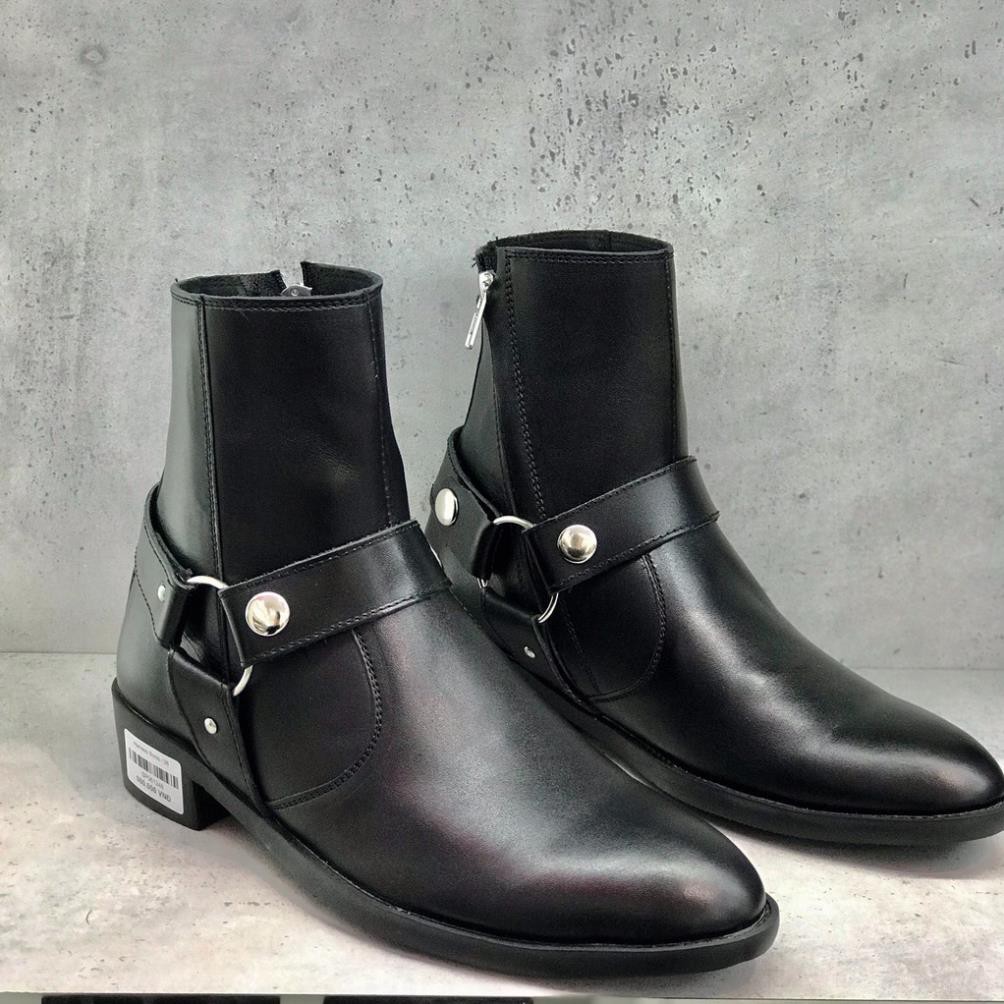 [Free Ship] Giày Boots Harness da đen trơn,cổ cao kéo khóa B221_giày bốt nam -o97