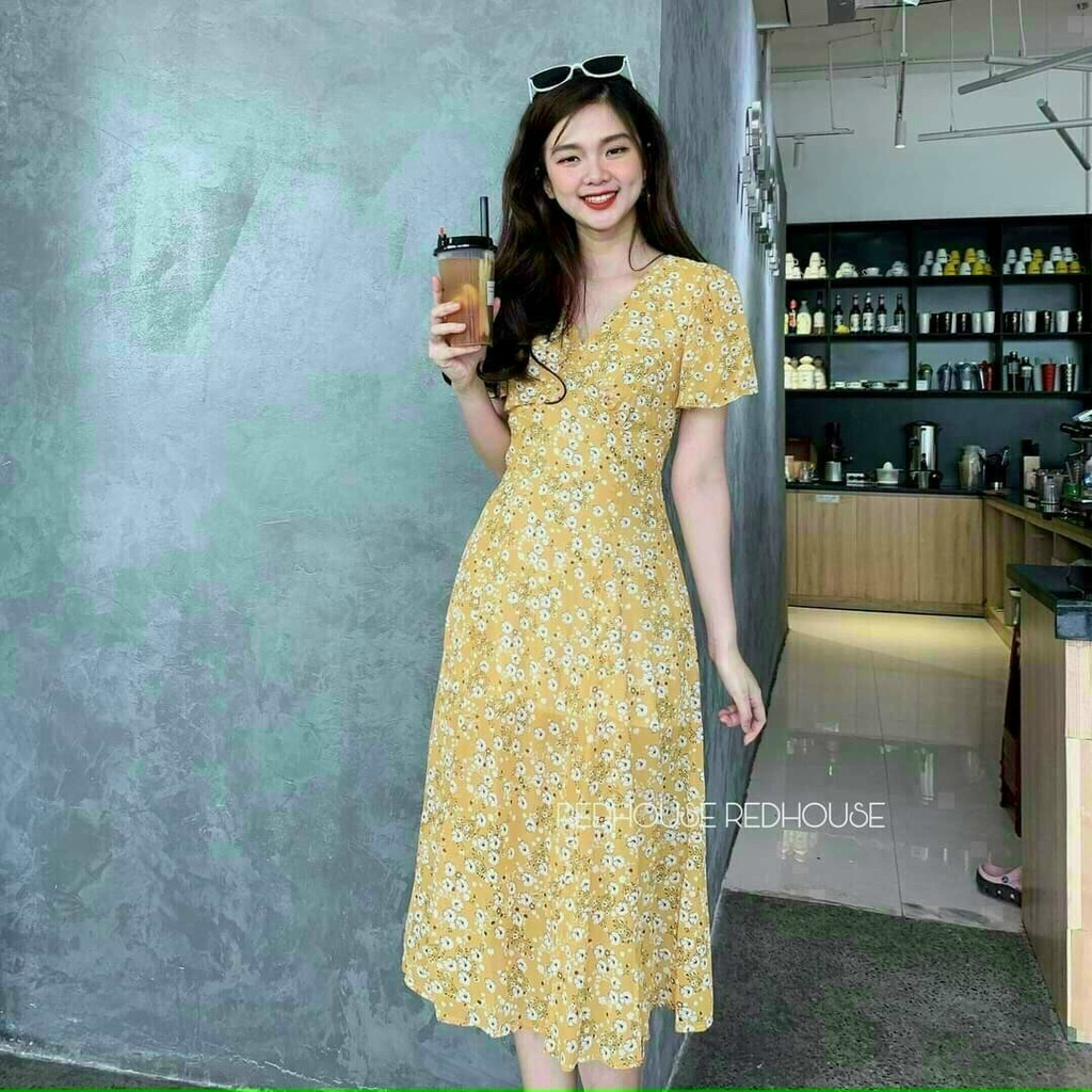 Váy hoa vintage xẻ tà dáng lửng free size dưới 55kg vừa kèm hình thật-TP duoi ca