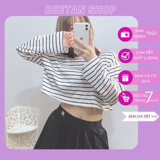 Áo croptop nữ kẻ sọc dài tay ống rộng - áo coptop form rộng dưới 60kg