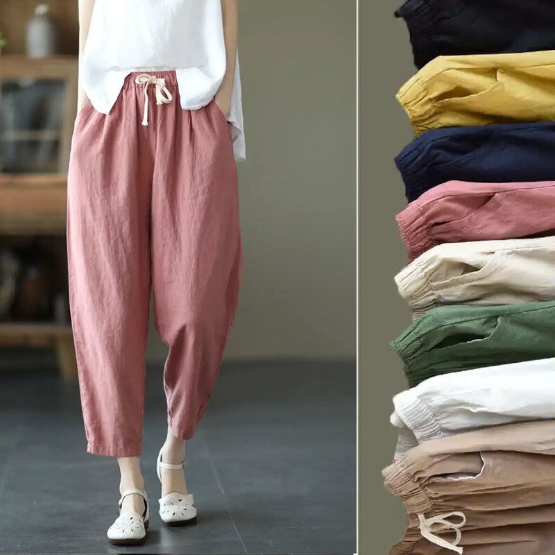 Quần Dài Vải Lanh Cotton Ống Rộng Size Lớn M-4Xl