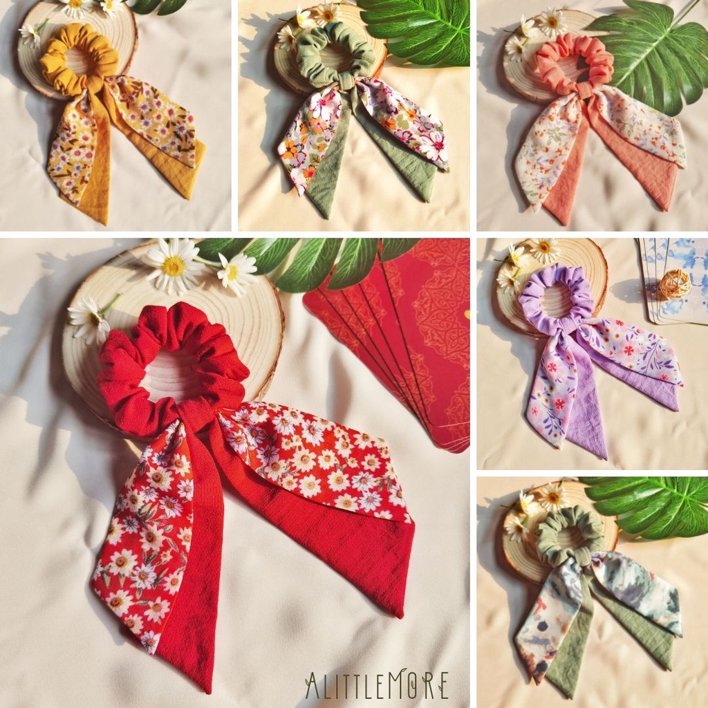 Dây Buộc Tóc Scrunchies AlittleMORE Phối Nơ Xinh Xắn Nữ Tính Cột Tóc Dễ Thương Đẹp