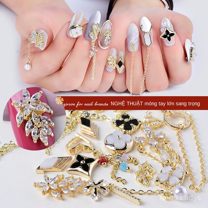 Phụ Kiện Dây Xích Bằng Hợp Kim Đính Đá Zircon Hình Cỏ Bốn Lá Màu Đỏ Sang Trọng Trang Trí Móng Tay