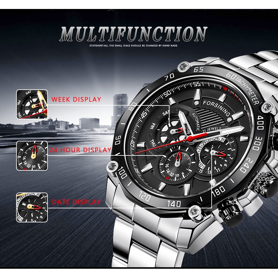 Forsining Original Men's Fashion Automatic Mechanical Watch, New Stainless Steel Sports Watch, Hollow Business Casual Watch