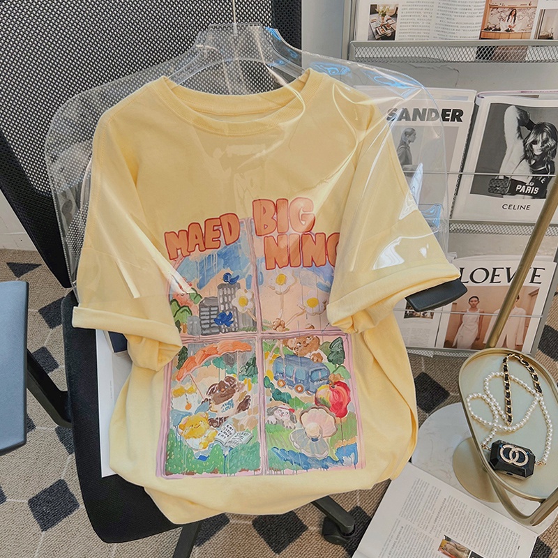 Áo thun HIIXIIVI 100% cotton tay ngắn cổ tròn in hình phong cách Hàn Quốc thời trang mùa hè 2022 cho nữ