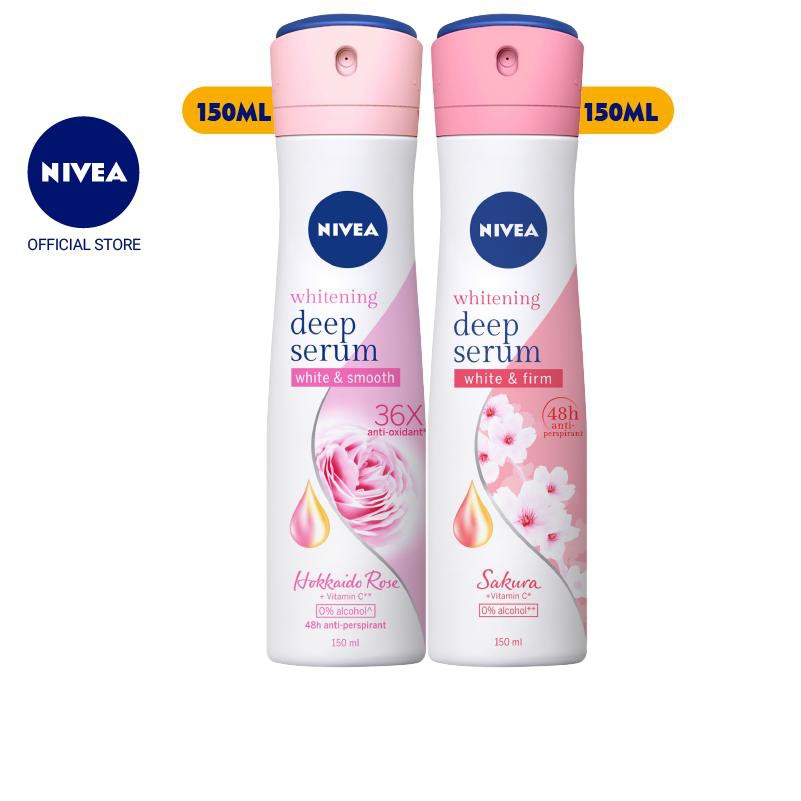 Bộ đôi Xịt serum ngăn mùi NIVEA dưỡng trắng hương hoa hồng Hokkaido & Sakura (150ml x2) (85304+85308)
