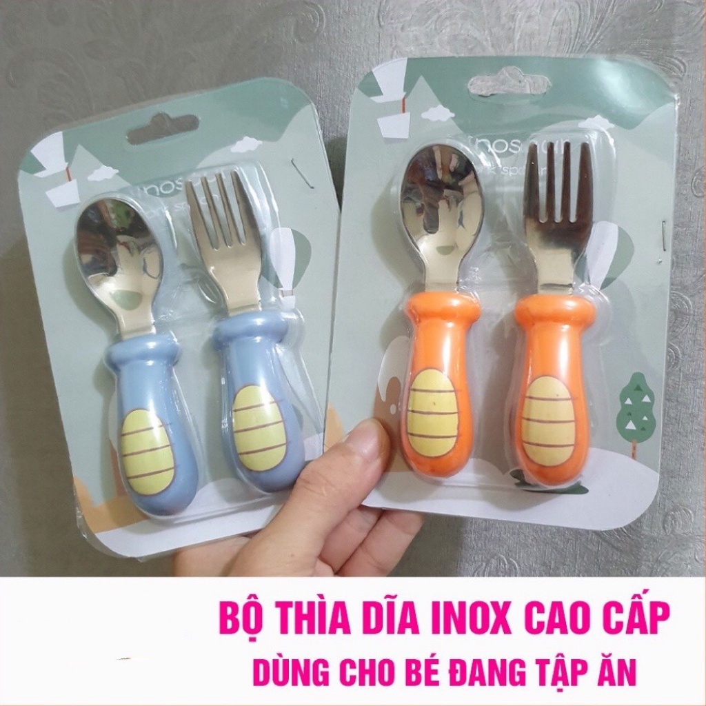 Bộ thìa dĩa tập ăn cho bé, thìa tập xúc cho bé inox