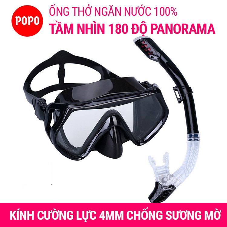 Kính lặn ống thở góc nhìn 180 độ POPO 1526 mặt nạ lặn biển mắt kính cường lực kèm ống thở ngăn nước tuyệt đối