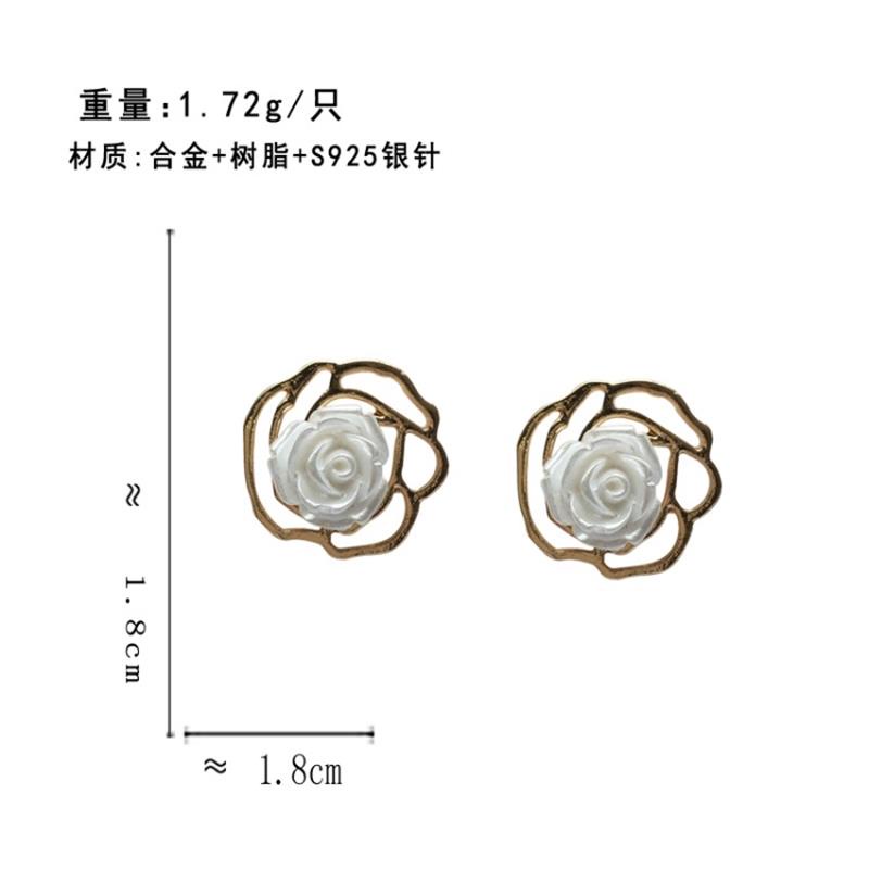 S925 bạc sterling thời trang Hoa tai hoa hồng kiểu Hồng Kông đơn giản rỗng ruột hoa tai mới hoa tai đẹp và tươi