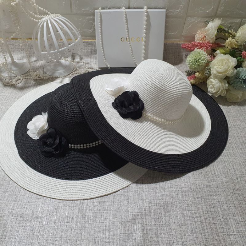 Mũ Cói thời trang đi biển Vành Rộng đai ngọc sang chảnh